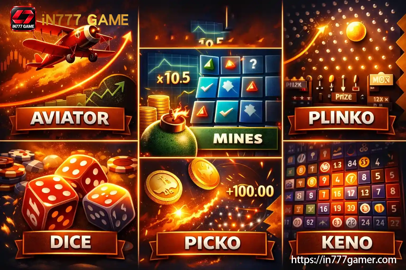 Aviator, Mines, Plinko, Dice and Keno collage