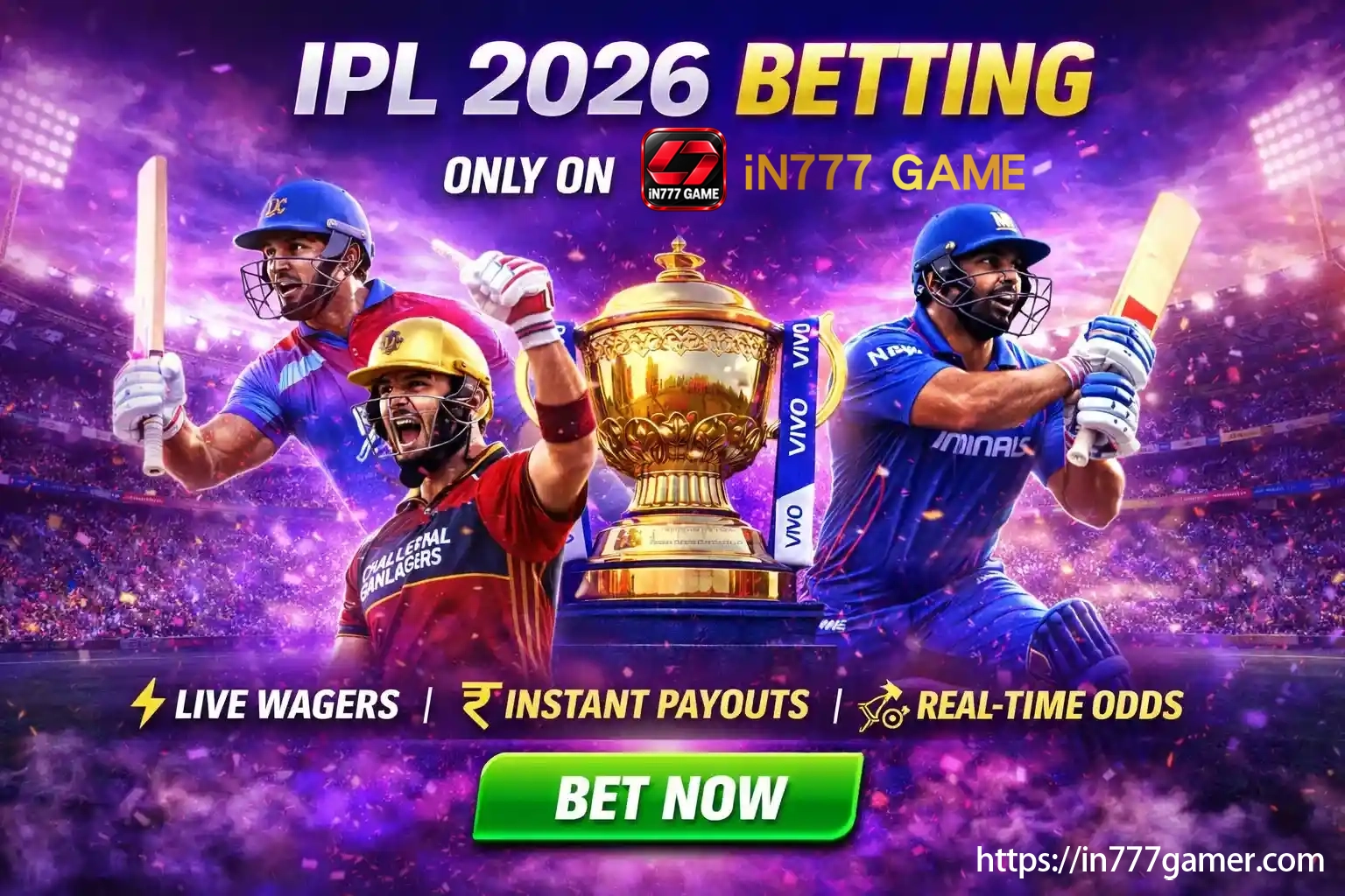 IPL 2026 betting promo with players, trophy and live wager features