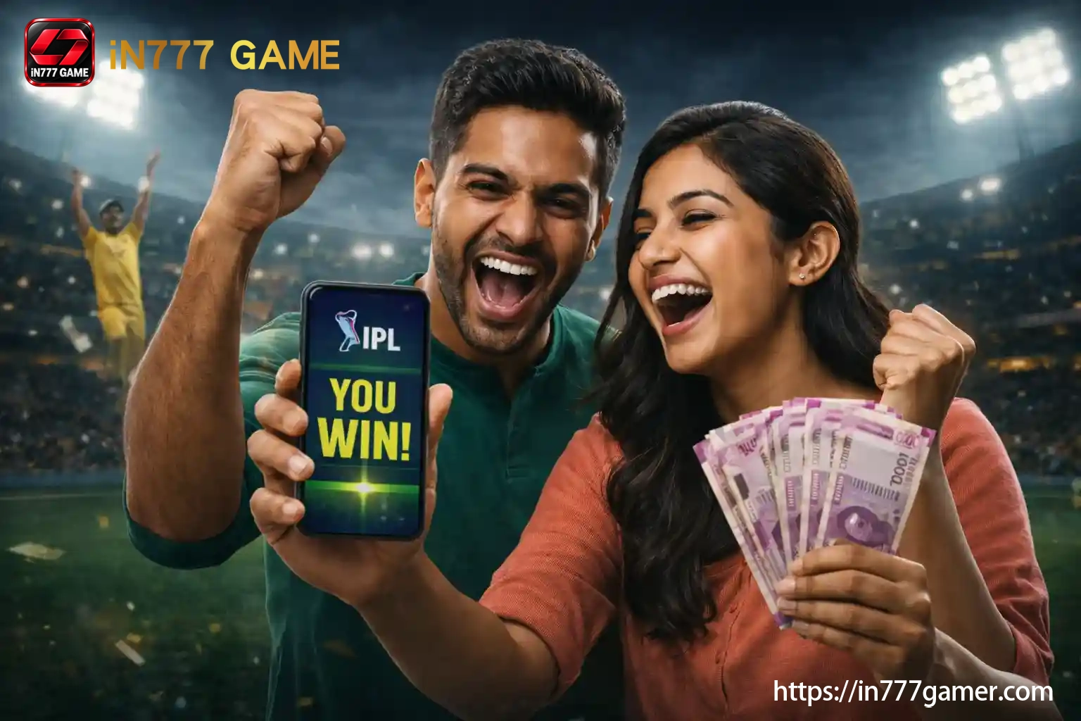 Indian couple celebrating an IPL mobile win
