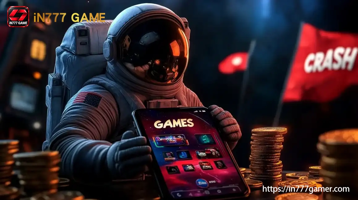 Astronaut playing mobile crash games